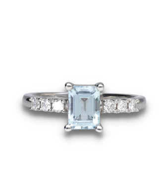 Anillo en oro blanco 18kts con aguamarina y diamantes